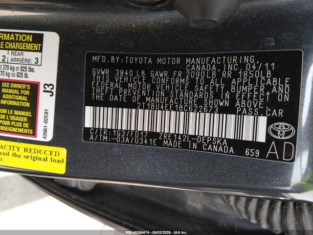 45266474 :رقم المزاد ، 2T1BU4EE1BC622673 vin ، 2011 Toyota Corolla S مزاد بيع