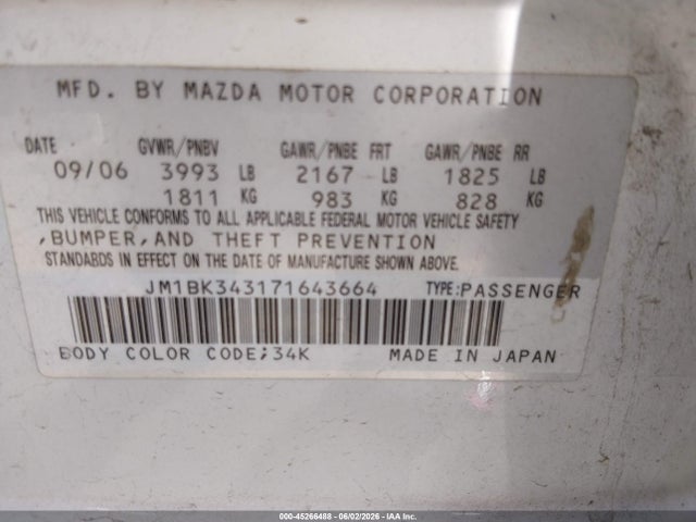 Продажа на аукционе авто 2007 Mazda Mazda3 S Touring, vin: JM1BK343171643664, номер лота: 45266488