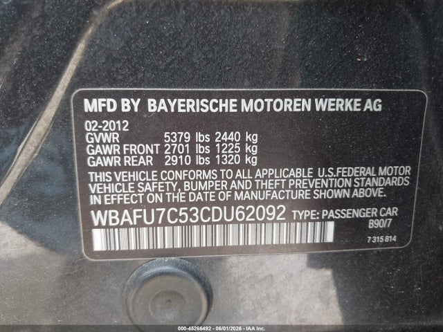 Aukcja sprzedaży 2012 Bmw 535i Xdrive, vin: WBAFU7C53CDU62092, numer aukcji: 45266492