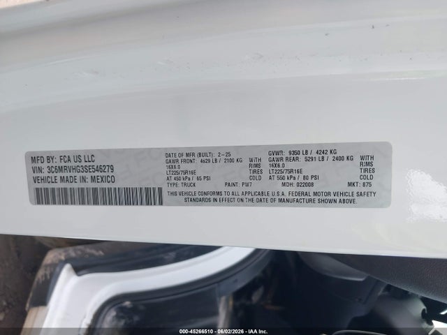 Продаж на аукціоні авто 2025 Ram Promaster 3500 Tradesman High Roof 159 Wb W/pass Seat, vin: 3C6MRVHG3SE546279, номер лоту: 45266510