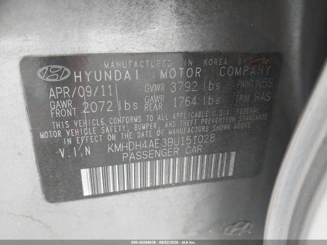 Aukcja sprzedaży 2011 Hyundai Elantra Gls (ulsan Plant), vin: KMHDH4AE3BU151028, numer aukcji: 45266536