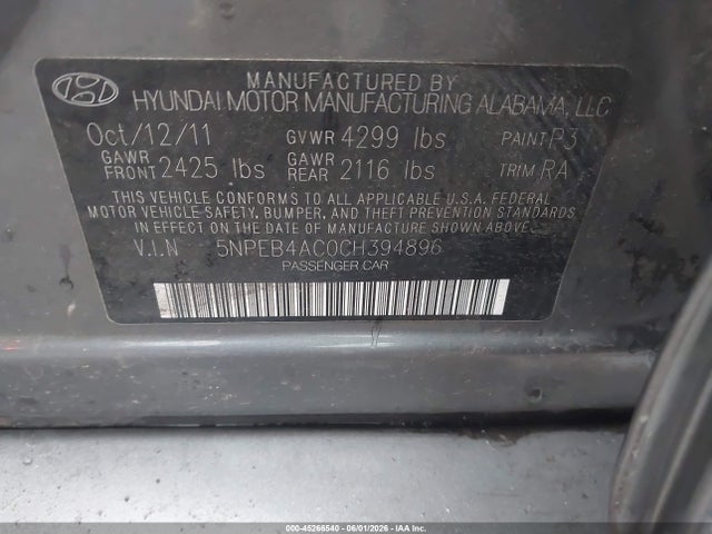 2012 Hyundai Sonata Gls მანქანა იყიდება აუქციონზე, vin: 5NPEB4AC0CH394896, აუქციონის ნომერი: 45266540