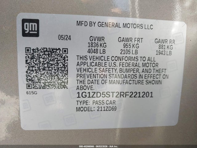 Aukcja sprzedaży 2024 Chevrolet Malibu Fwd 1lt, vin: 1G1ZD5ST2RF221201, numer aukcji: 45266566