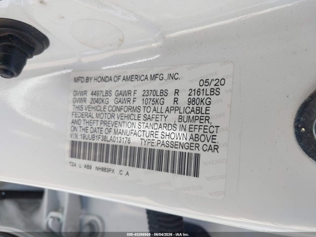 Aukcja sprzedaży 2020 Acura Tlx Standard, vin: 19UUB1F38LA013176, numer aukcji: 45266569