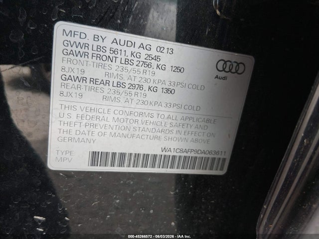 2013 Audi Q5 Hybrid 2.0t Prestige მანქანა იყიდება აუქციონზე, vin: WA1C8AFP9DA063611, აუქციონის ნომერი: 45266572