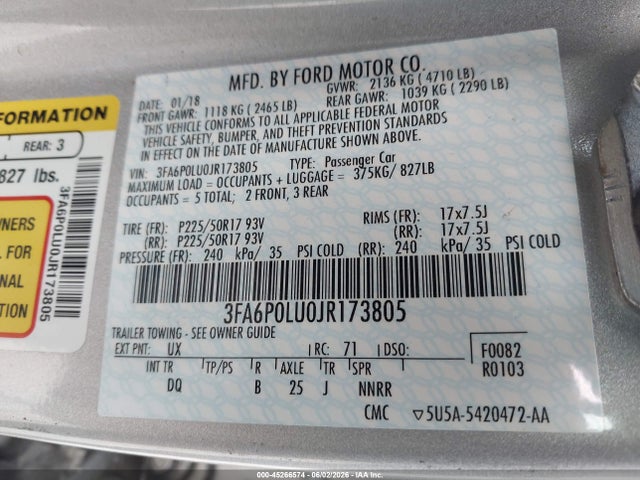 3FA6P0LU0JR173805 Ford Fusion Hybrid Se