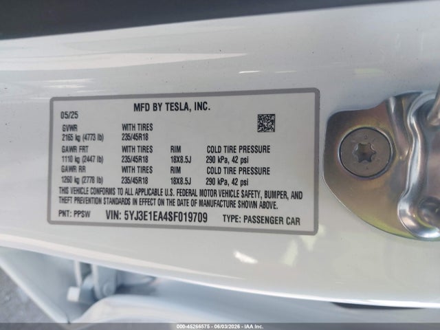 Aukcja sprzedaży 2025 Tesla Model 3 Long Range Rear-wheel Drive/standard Rear-wheel Drive, vin: 5YJ3E1EA4SF019709, numer aukcji: 45266575