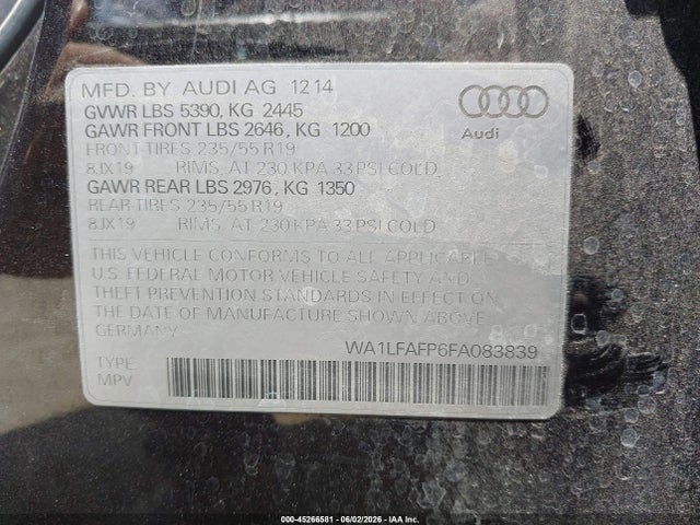 45266581 :رقم المزاد ، WA1LFAFP6FA083839 vin ، 2015 Audi Q5 2.0t Premium مزاد بيع