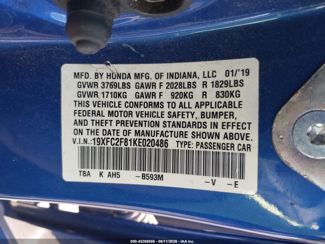 2019 Honda Civic Sport მანქანა იყიდება აუქციონზე, vin: 19XFC2F81KE020486, აუქციონის ნომერი: 45266586