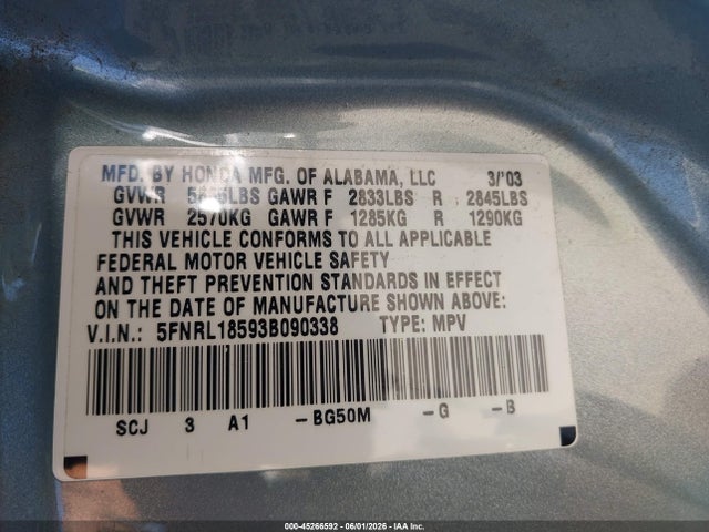 Aukcja sprzedaży 2003 Honda Odyssey Lx, vin: 5FNRL18593B090338, numer aukcji: 45266592