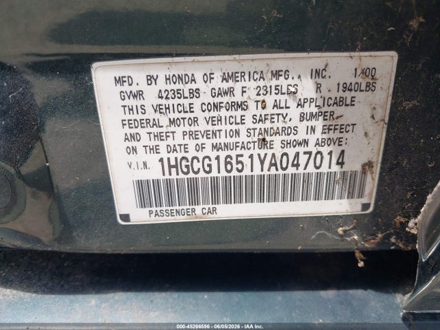2000 Honda Accord 3.0 Ex მანქანა იყიდება აუქციონზე, vin: 1HGCG1651YA047014, აუქციონის ნომერი: 45266596