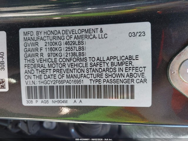 Продажа на аукционе авто 2023 Honda Accord Hybrid Ex-l, vin: 1HGCY2F66PA016951, номер лота: 45266601
