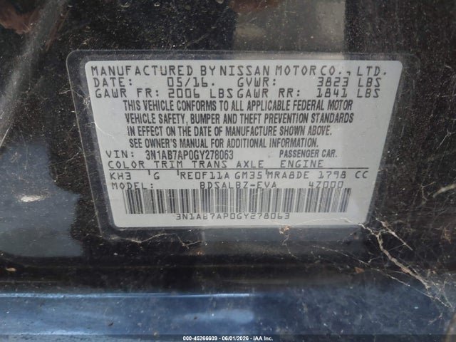 Продажа на аукционе авто 2016 Nissan Sentra S, vin: 3N1AB7AP0GY278063, номер лота: 45266609