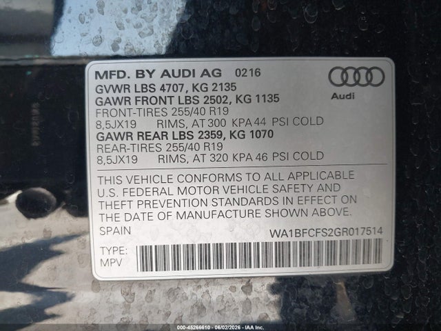 2016 Audi Q3 2.0t Premium Plus მანქანა იყიდება აუქციონზე, vin: WA1BFCFS2GR017514, აუქციონის ნომერი: 45266610