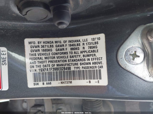Aukcja sprzedaży 2011 Honda Civic Vp, vin: 19XFA1F39BE028498, numer aukcji: 45266613