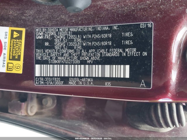 2016 Toyota Highlander Le V6 მანქანა იყიდება აუქციონზე, vin: 5TDBKRFH7GS273089, აუქციონის ნომერი: 45266639