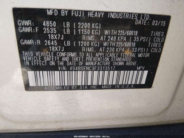 2015 Subaru Outback 3.6r Limited მანქანა იყიდება აუქციონზე, vin: 4S4BSENC3F3313517, აუქციონის ნომერი: 45266648