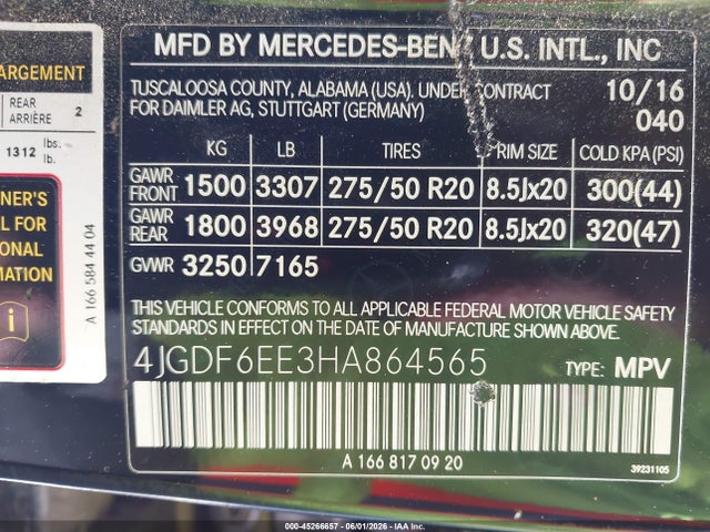 Aukcja sprzedaży 2017 Mercedes-benz Gls 450 4matic, vin: 4JGDF6EE3HA864565, numer aukcji: 45266657