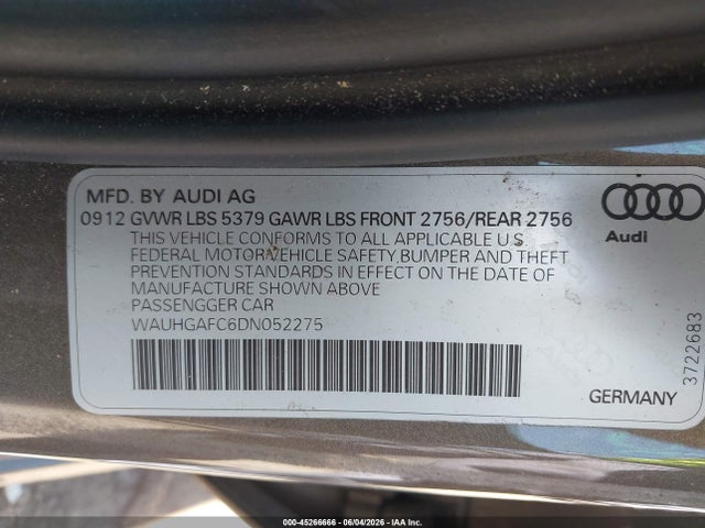 45266666 :رقم المزاد ، WAUHGAFC6DN052275 vin ، 2013 Audi A6 3.0t Premium مزاد بيع
