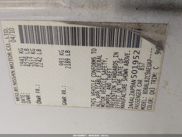 2010 Nissan Altima 2.5 S მანქანა იყიდება აუქციონზე, vin: 1N4AL2AP9AN501952, აუქციონის ნომერი: 45266671