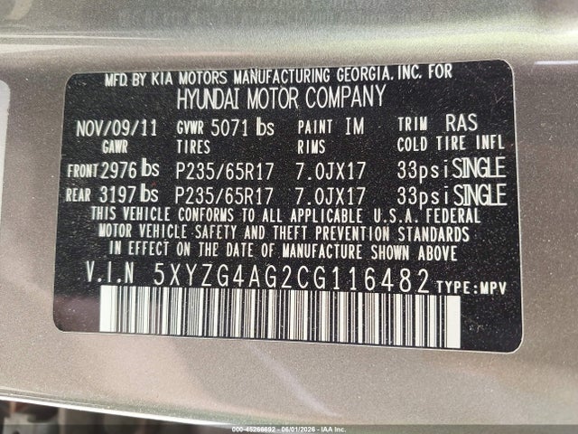 Продажа на аукционе авто 2012 Hyundai Santa Fe Gls V6, vin: 5XYZG4AG2CG116482, номер лота: 45266692