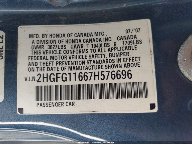Продаж на аукціоні авто 2007 Honda Civic Lx, vin: 2HGFG11667H576696, номер лоту: 45266701