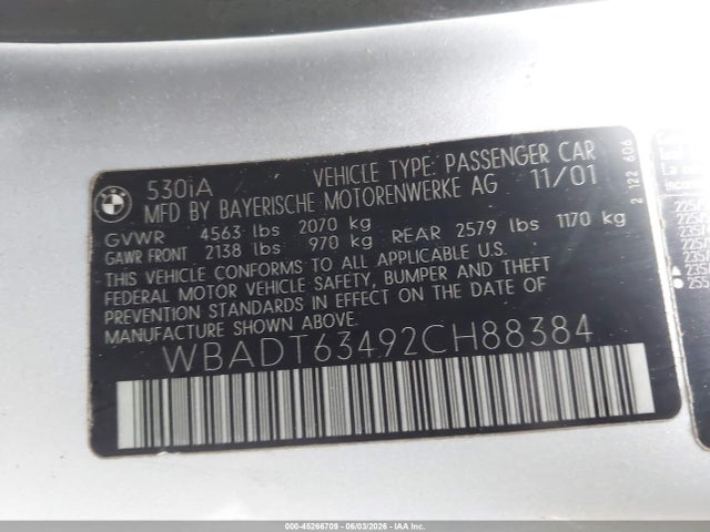 Продаж на аукціоні авто 2002 Bmw 530ia, vin: WBADT63492CH88384, номер лоту: 45266709