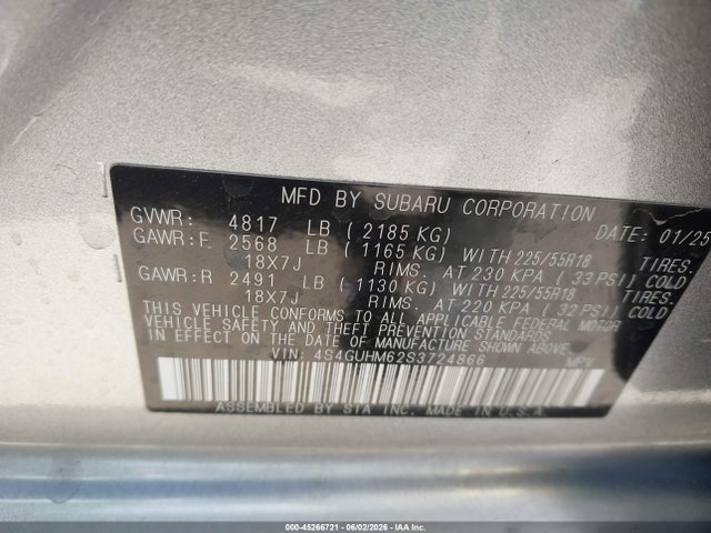 Aukcja sprzedaży 2025 Subaru Crosstrek Limited, vin: 4S4GUHM62S3724866, numer aukcji: 45266721