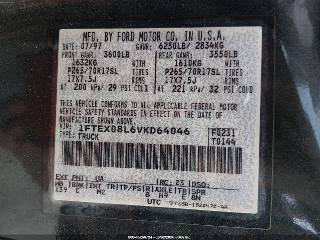 Aukcja sprzedaży 1997 Ford F-150 Lariat/xl/xlt, vin: 1FTEX08L6VKD64046, numer aukcji: 45266724