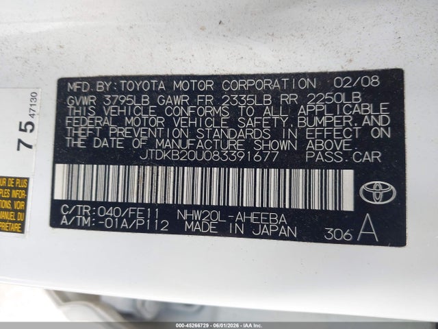 Aukcja sprzedaży 2008 Toyota Prius, vin: JTDKB20U083391677, numer aukcji: 45266729