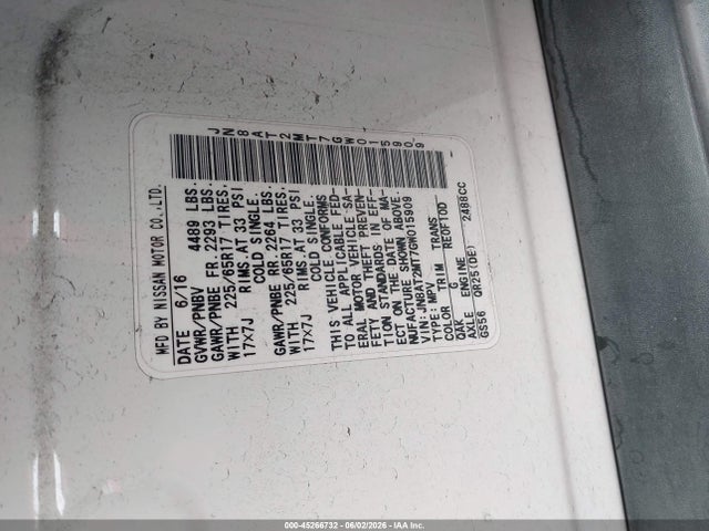 Aukcja sprzedaży 2016 Nissan Rogue Sv, vin: JN8AT2MT7GW015909, numer aukcji: 45266732
