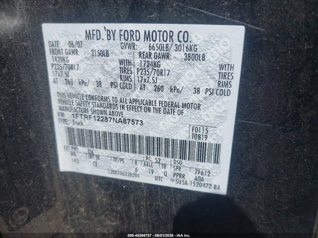 Aukcja sprzedaży 2007 Ford F-150 Stx/xl/xlt, vin: 1FTRF12287NA87573, numer aukcji: 45266757