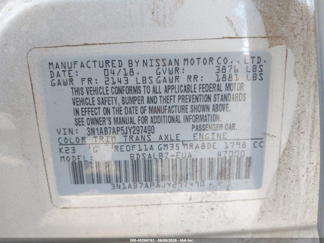 Aukcja sprzedaży 2018 Nissan Sentra S, vin: 3N1AB7AP5JY297490, numer aukcji: 45266763