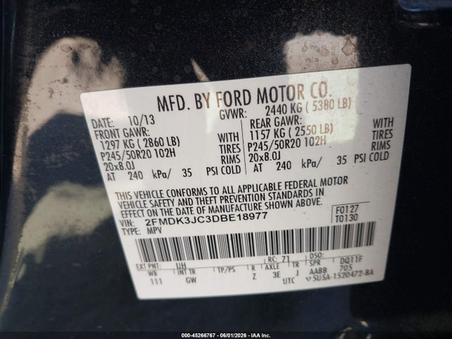 45266767 :رقم المزاد ، 2FMDK3JC3DBE18977 vin ، 2013 Ford Edge Sel مزاد بيع