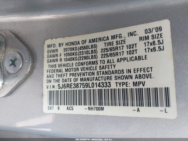 45266770 :رقم المزاد ، 5J6RE38759L014333 vin ، 2009 Honda Cr-v Ex-l مزاد بيع