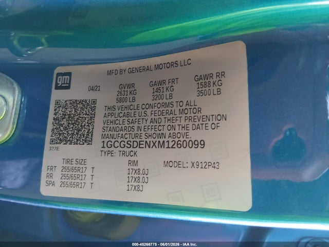 45266775 :رقم المزاد ، 1GCGSDENXM1260099 vin ، 2021 Chevrolet Colorado 2wd  Short Box Z71 مزاد بيع