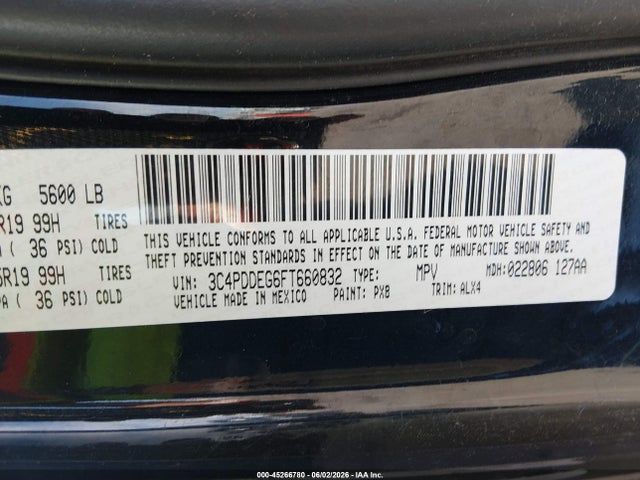 45266780 :رقم المزاد ، 3C4PDDEG6FT660832 vin ، 2015 Dodge Journey R/t مزاد بيع