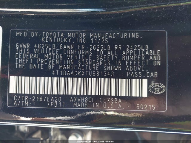 2026 Toyota Camry Se მანქანა იყიდება აუქციონზე, vin: 4T1DAACKXTU681343, აუქციონის ნომერი: 45266793
