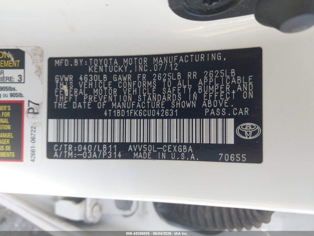 Aukcja sprzedaży 2012 Toyota Camry Hybrid Xle, vin: 4T1BD1FK6CU042631, numer aukcji: 45266808