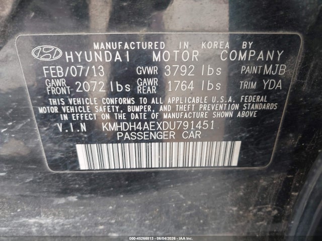 45266813 :رقم المزاد ، KMHDH4AEXDU791451 vin ، 2013 Hyundai Elantra Gls مزاد بيع