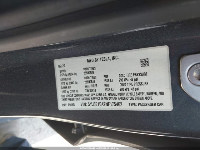Продажа на аукционе авто 2022 Tesla Model 3 Rear-wheel Drive, vin: 5YJ3E1EA2NF175462, номер лота: 45266846
