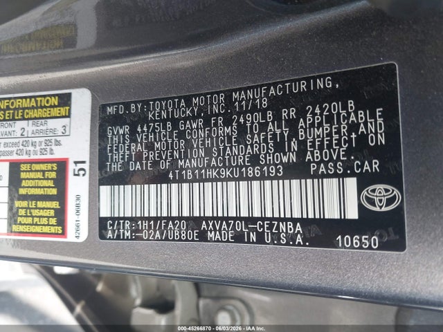4T1B11HK9KU186193 Toyota CAMRY LE
