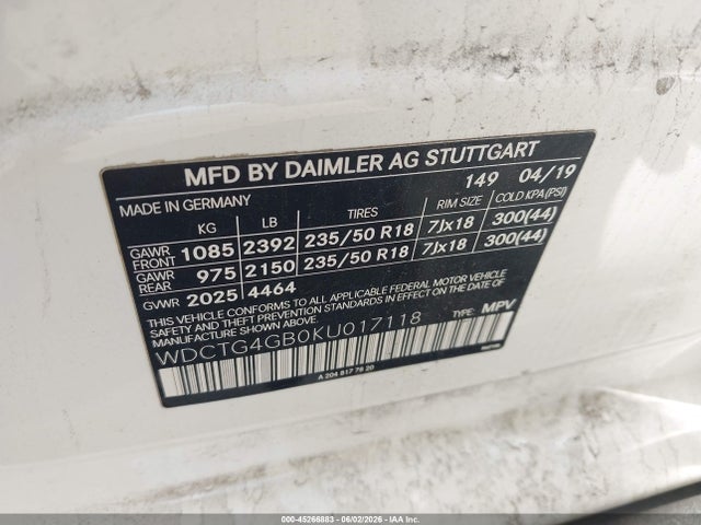 Auction sale of the 2019 Mercedes-benz Gla 250 4matic, vin: WDCTG4GB0KU017118, lot number: 45266883