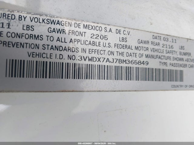 45266907 :رقم المزاد ، 3VWDX7AJ7BM365849 vin ، 2011 Volkswagen Jetta 2.5l Se مزاد بيع