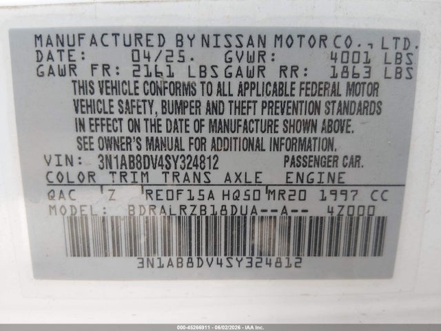 45266911 :رقم المزاد ، 3N1AB8DV4SY324812 vin ، 2025 Nissan Sentra Sr مزاد بيع