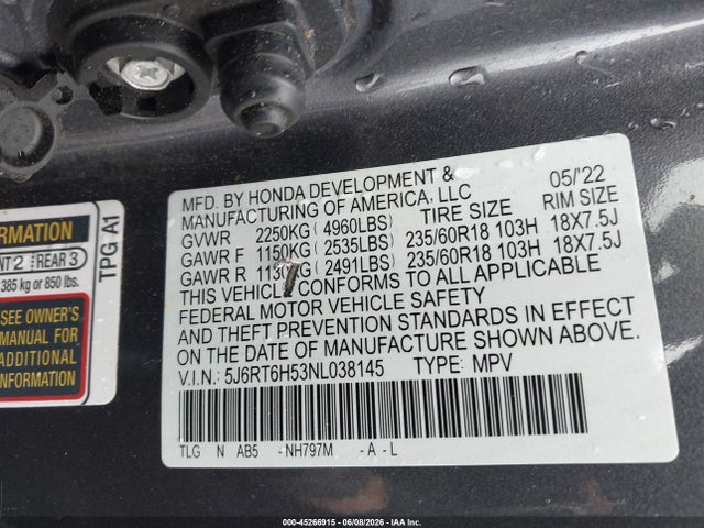 5J6RT6H53NL038145 Honda Cr-v Hybrid Ex