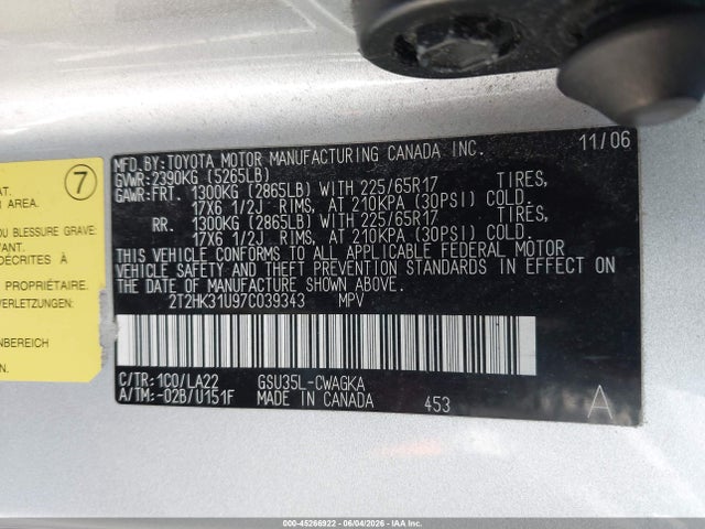 Aukcja sprzedaży 2007 Lexus Rx 350, vin: 2T2HK31U97C039343, numer aukcji: 45266922
