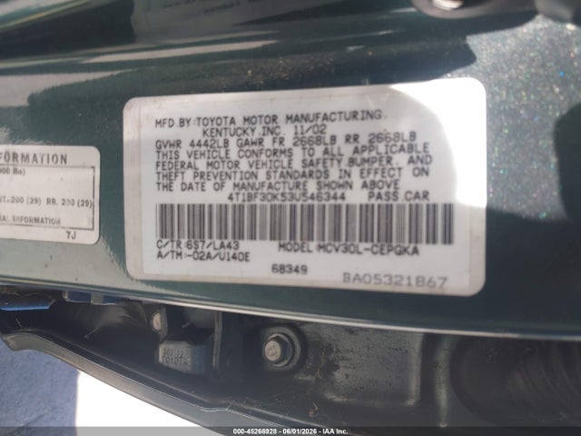 Продаж на аукціоні авто 2003 Toyota Camry Xle V6, vin: 4T1BF30K53U546344, номер лоту: 45266928