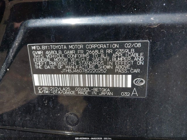 45266934 :رقم المزاد ، JTHBJ46G782220252 vin ، 2008 Lexus Es 350 مزاد بيع