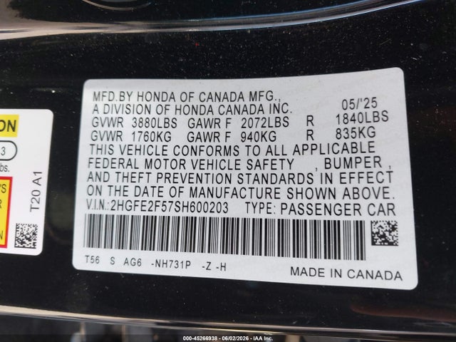 2HGFE2F57SH600203 Honda Civic Sport